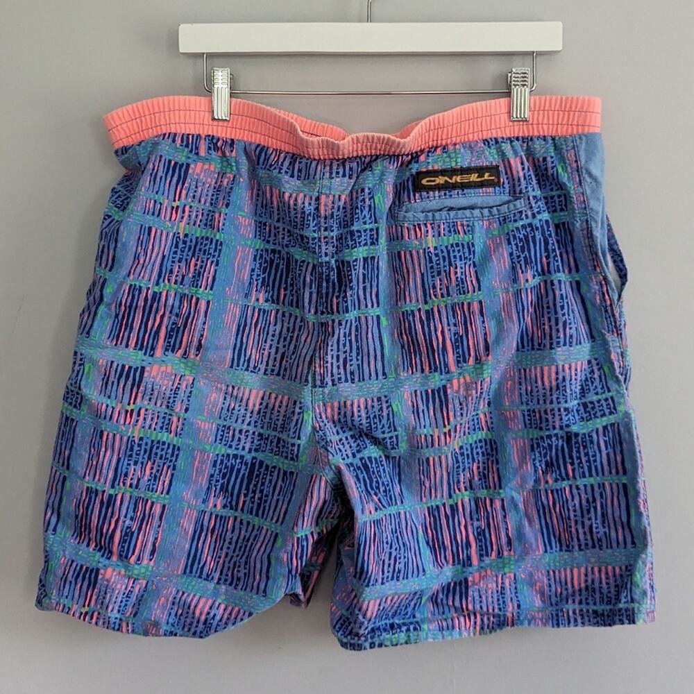 Men's Vintage O'Neil Swim Trunks Neon Blue Pink Oversized  34 Made in USA